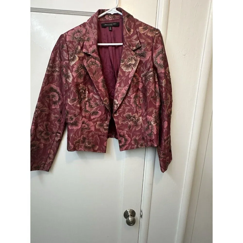 Carmen Marc Valvo Blazer Beaded Burgundy Sz 12 Lined Formal Wedding Metallic EUC